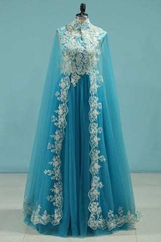 Muslin Prom Dresses With Cape A-Line Spaghetti Straps Tulle With Gold Applique Floor-Length