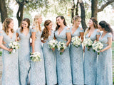 Mermaid Lace Baby Blue V Neck Bridesmaid Dresses for Wedding SJS20425