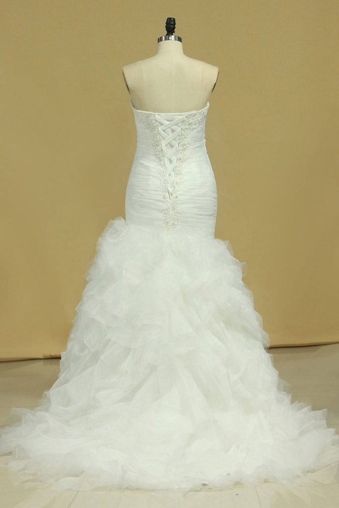 Plus Size Sweetheart Ruched Bodice Wedding Dresses Mermaid Tulle With Beading Court Train