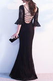 Elegant Black Lace Popular V-Neck Half Sleeve Sexy Mermaid Lace up Prom Dresses JS246