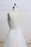 Elegant Ivory A Line Plunging Neckline Lace Appliqued Flowers Tulle Wedding Dresses JS649