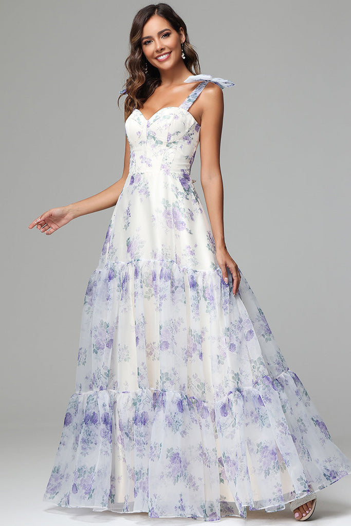 Elegant Straps Sweetheart Floral Printed Long Prom Dress