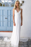 2023 Boho V-neck A-Line White Cheap Lace Chiffon Backless Sash Summer Beach Wedding Dresses JS308