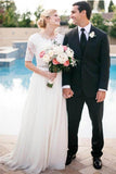 Lace A-Line Beading Ivory Scoop Chiffon Half Sleeve Floor-Length Wedding Dresses JS312