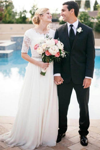 Lace A-Line Beading Ivory Scoop Chiffon Half Sleeve Floor-Length Wedding Dresses JS312
