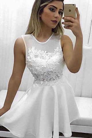 Cute A Line Round Neck Lace Appliques White Chiffon Short Homecoming Dresses JS922