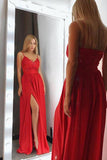 Sexy Red V-Neck Spaghetti Straps Satin Lace Bodice Floor Length Split Prom Dresses JS768