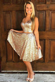 A-Line V-Neck Golden Sleeveless Knee-length Sequins Two Piece Homecoming Dresses JS747