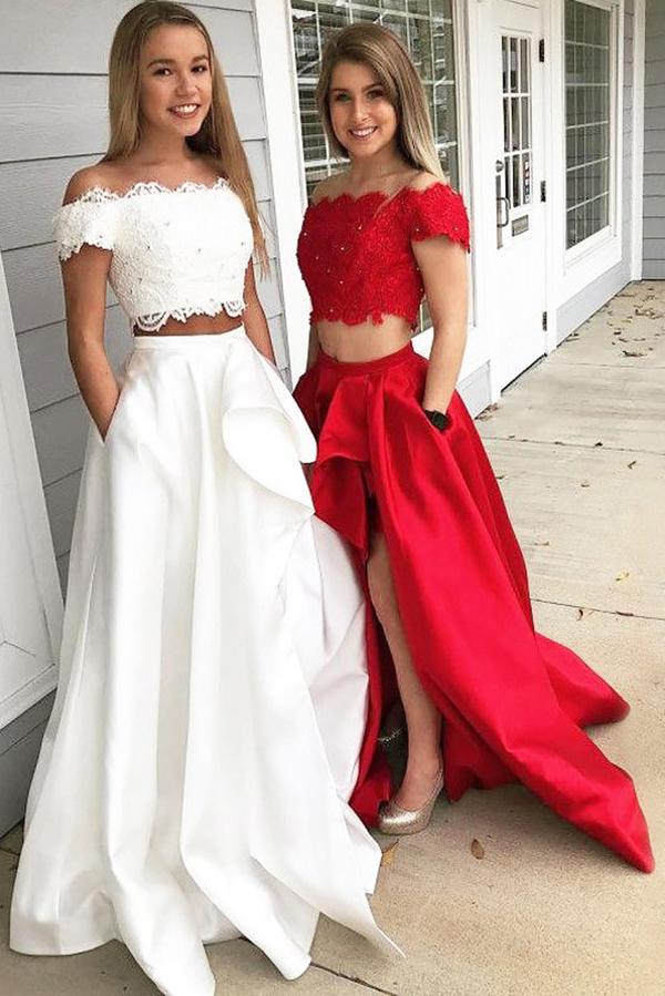 A-Line Princess Off-the-Shoulder Sleeveless Brush Train Lace Satin Two Piece Prom Dresses JS562