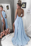 Sexy A-Line Halter Neck Backless Sleeveless Blue with Slit Chiffon Prom Dresses UK JS410