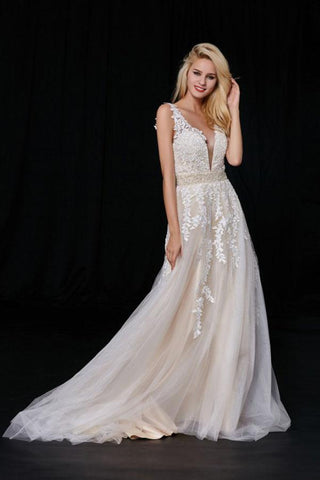 Elegant A-Line Tulle V-Neck V-Back Appliques Beads Ivory Cheap Prom Dresses JS496