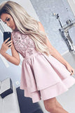 Pretty Bateau Short Blush Pink Scoop Satin Lace Appliques Homecoming Dresses JS16