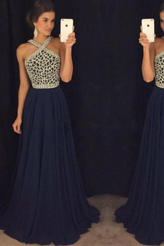 Elegant A Line Halter Dark Blue Beaded Long Chiffon Backless Long Prom Dresses JS810
