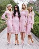 Fashion Sheath Jewel Mermaid Long Sleeves Pink Lace Knee Length Bridesmaid Dress JS580