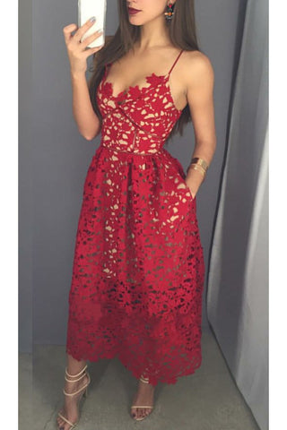 Mid-calf Red Lace Spaghetti Straps with Pockets Sweetheart Homecoming Dresses UK JS642