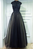 Vintage A Line Chic Long Black Lace Cap Sleeves High Neck Beads Appliques Prom Dresses JS76