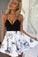 A-Line Black Spaghetti Straps White Floral Polyester V Neck Satin Homecoming Dresses JS705