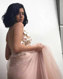 Elegant A-Line Spaghetti Straps Long Pearl Pink Appliques V Neck Backless Prom Dresses JS687