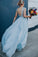2024 Elegant Light Blue Beads Round Neck Chiffon A-Line Cap Sleeve Prom Dresses UK JS397