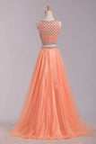 Two Pieces Bateau Beaded Bodice A Line/Princess Prom Dress Pick Up Tulle Skirt Floor Length