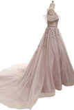 Ball Gown Prom Dresses Scoop Brush Train Appliques Fairy Dress Tulle Evening Dress