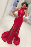 High Neck Lace Mermaid Prom Dresses With Slit Sweep Train
