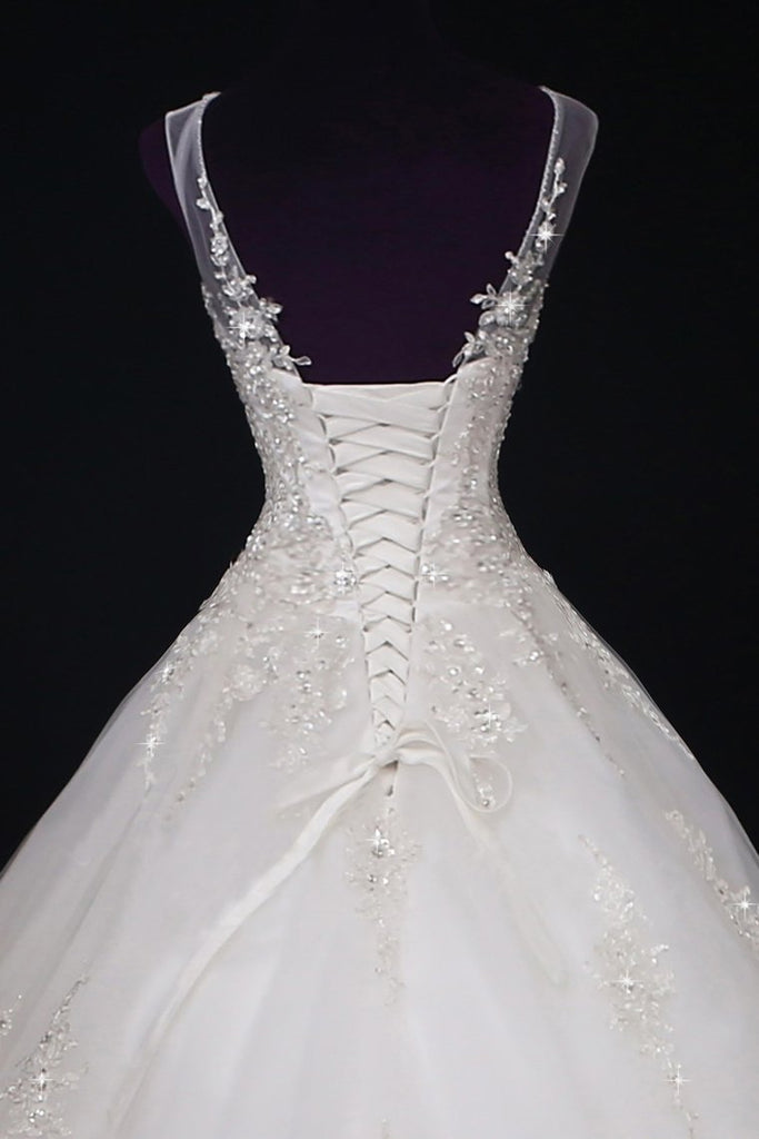 A Line Wedding Dresses Scoop Tulle With Applique And Beads Lace Up