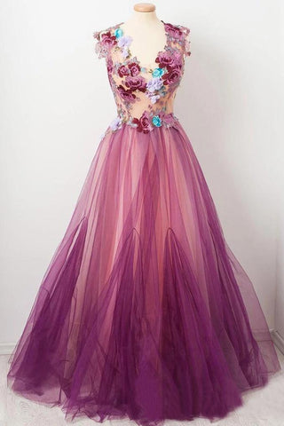 Elegant A line Burgundy Tulle Flower Prom Dresses Scoop Appliqued Party Dresses SJS15144