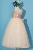 Princess Gold Sequin Shiny Round Neck Flower Girl Dresses with Bowknot, Baby Dresses SJS15589