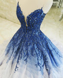 Ombre Ball Gown Royal Blue Prom Dresses With Appliques, Long V Neck Quinceanera Dresses SJS15275