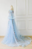 Light Blue Off the Shoulder Half Sleeve Prom Dresses, Sweetheart Evening Dress SJS15238