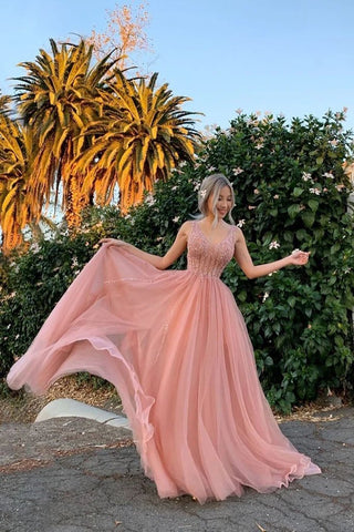 Elegant A Line Tulle Pink V Neck Beads Prom Dresses, Long Evening SJS20477