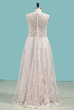 A Line Scoop Evening Dresses Lace With Applique And Beading Sweep Train