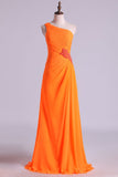 One Shouder Column Evening Dresses Chiffon With Beads With Ruffles
