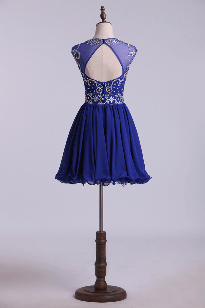 Scoop A Line Dark Royal Blue Homecoming Dresses Beaded Bodice Tulle&Chiffon Short