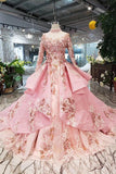 New Prom Dresses Long Sleeves Ball Gown High Neck With Applique&Beads Lace Up Back