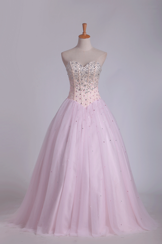 Ball Gown Tulle Sweetheart Beaded Bodice Floor Length Quinceanera Dresses