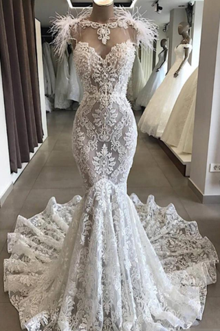 Luxury Lace Mermaid Wedding Dress With Train Sexy Open Back Pearls Wedding SJSPE5AS8YA