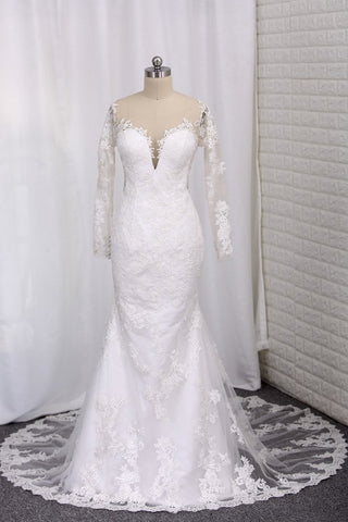 New Arrival Wedding Dresses Tulle Scoop Long Sleeves With Applique Mermaid
