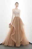 A-Line Spaghetti Straps Tulle Long Appliques Prom Dresses Formal Evening Dress
