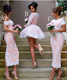 Mismatched Different Styles Pink Lace Appliques Bridesmaid Dresses Homecoming Dresses JS831