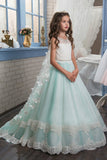 A Line Tulle With Applique Flower Girl Dresses Scoop Sweep Train