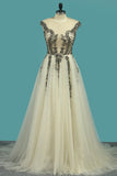 Tulle Prom Dresses A Line Bateau Cap Sleeve With Beads Open Back