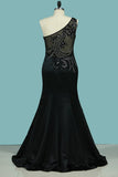 One Shoulder Prom Dresses Satin With Beading Mermaid Floor Length