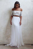 A-Line Long Lace Ivory Chiffon Off the Shoulder Short Sleeve Two Pieces Wedding Dresses