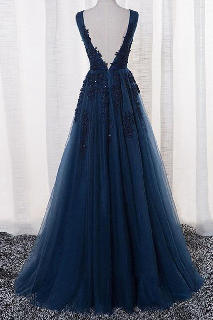 New Arrival V Neck Tulle With Applique And Sash A Line Prom Dresses ...