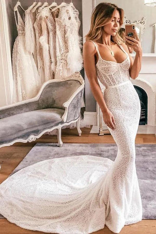Sexy Mermaid Spaghetti Straps Lace Sweetheart Wedding Dresses, Bridal Dresses SJS15530