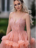 Gorgeous Ball Gown Spaghetti Straps Tulle Ruffles V Neck Prom Dresses with Sequins SJS15519