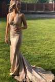 Elegant V Neck Halter Mermaid Appliques Prom Dresses with Beadding, Backless Party Dress SJS15213