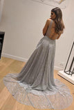 Chic A-Line Silver Backless V Neck Fashion Custom Unique Long Prom Dresses SJS15130